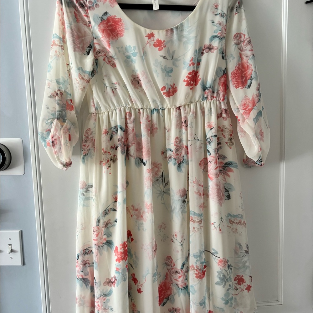 Pinkblush Cream and White floral maternity dress with Bishop Sleeves size small